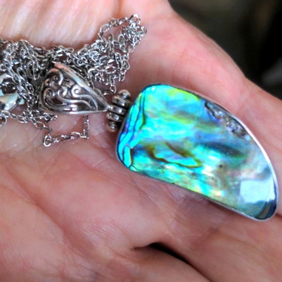 Abalone Sterling Silver Pendant Necklace. Genuine Paua.  18"+2", Bali Style, New - Picture 4 of 8